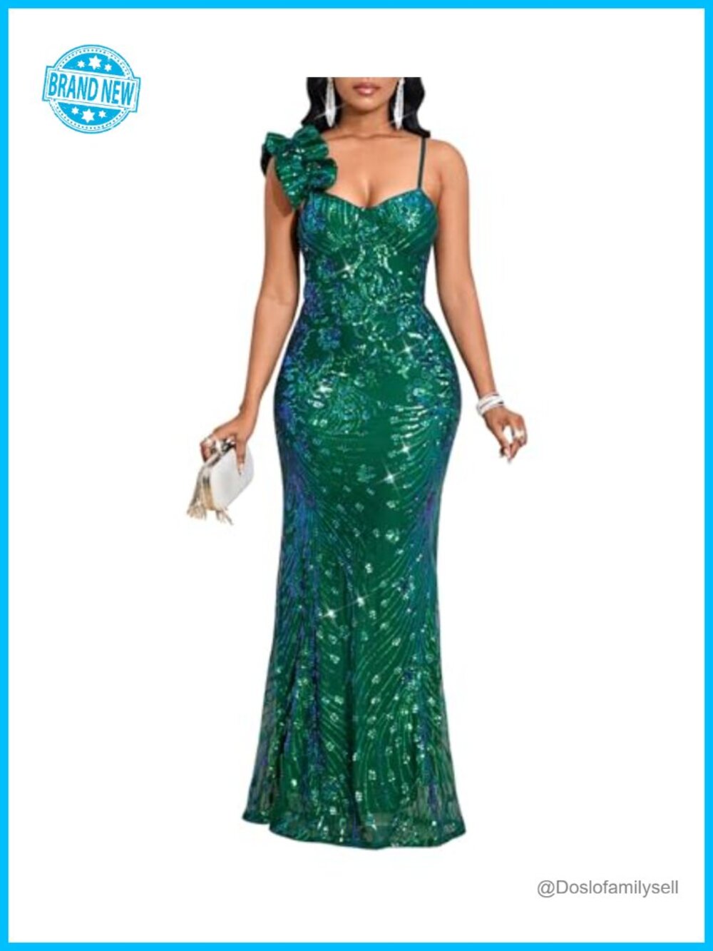 Sequin Mermaid Maxi Dress High Split Ruffled Hem Formal Evening Gown